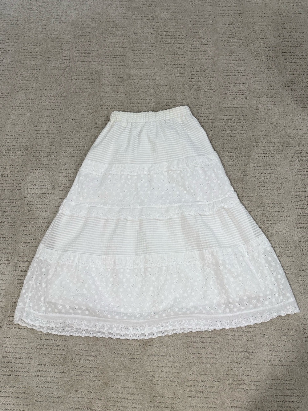 White Tiered Eyelet A-Line Midi Skirt